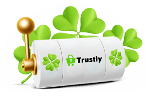 Trustlyn logo, pelikoneen rulla ja apiloita